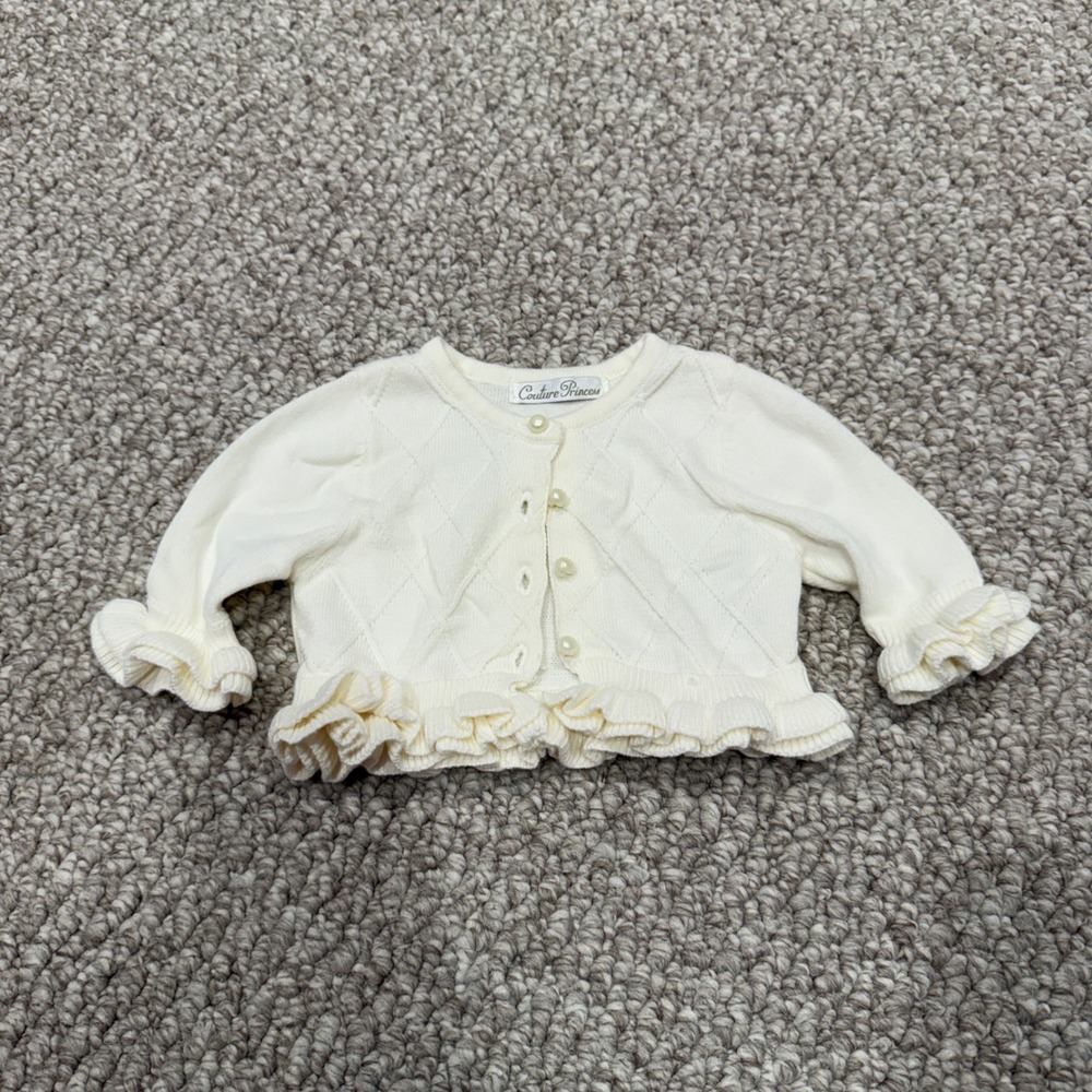 Couture Princess Cream Diamond Knit Ruffle Cardigan Baby Size‎ 3 Months